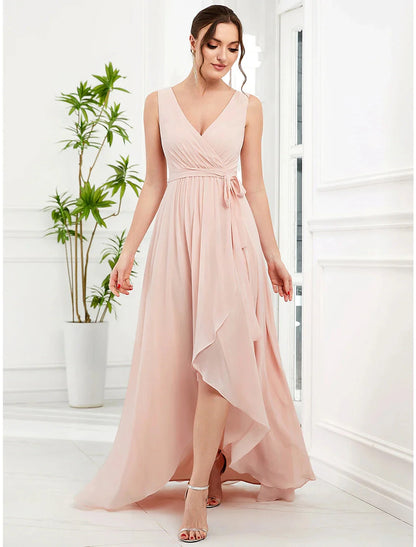 A-Line Wedding Guest Dresses Elegant Dress Party Wear Wedding Party Asymmetrical Sleeveless Spaghetti Strap Bridesmaid Dress Chiffon with Ruffles Slit by YiHuiw