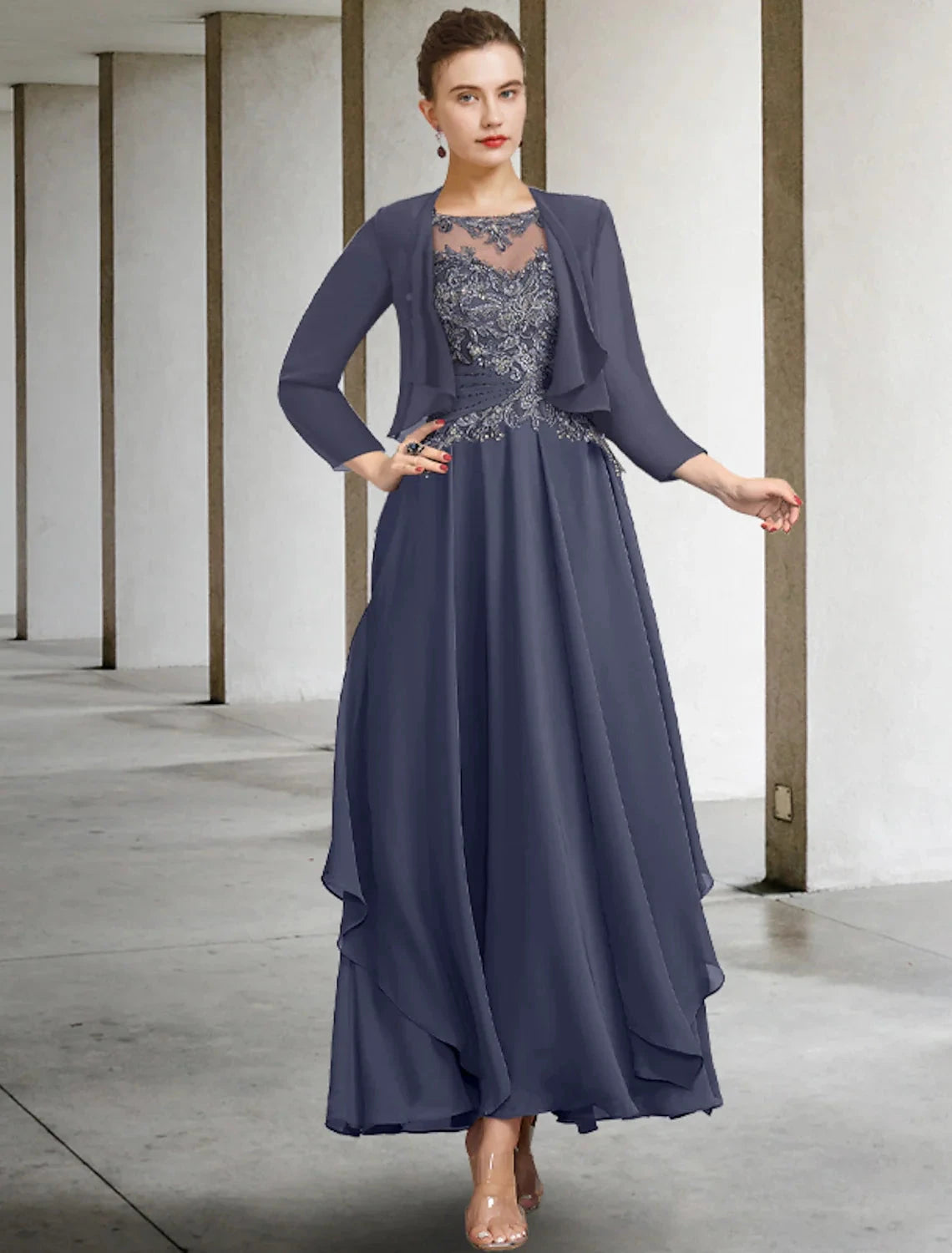 Two Piece A-Line Plus Size Curve Mother of the Bride Dress Wedding Guest Elegant Jewel Neck Ankle Length Chiffon Lace Short Sleeve Fall Wrap Included with Ruched Appliques by YiHuiw