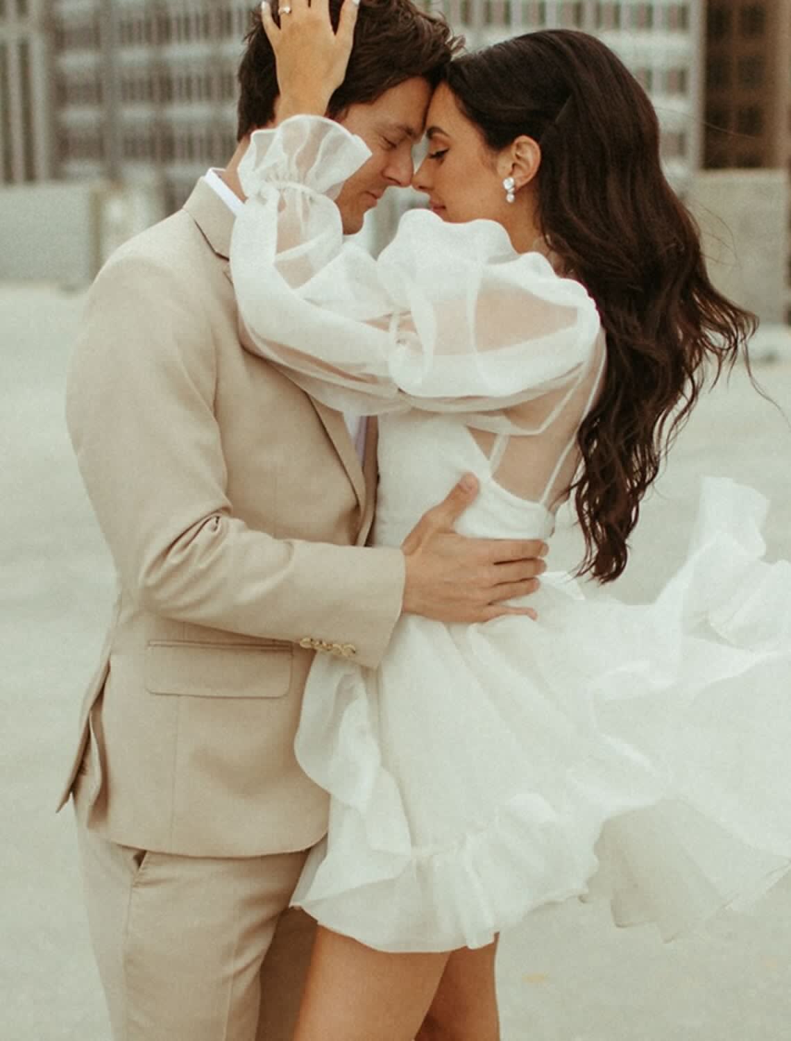 Reception Little White Dresses Wedding Dresses A-Line High Neck Long Sleeve Short / Mini Organza Bridal Gowns With Pick Up Skirt by YiHuiw