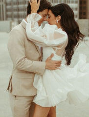 Reception Little White Dresses Wedding Dresses A-Line High Neck Long Sleeve Short / Mini Organza Bridal Gowns With Pick Up Skirt