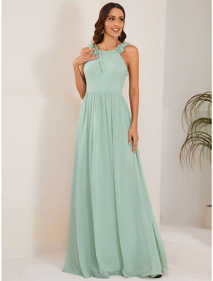 A-Line Wedding Guest Dresses Elegant Dress Formal Floor Length Sleeveless Jewel Neck Chiffon with Pleats Shouder Flower by YiHuiw