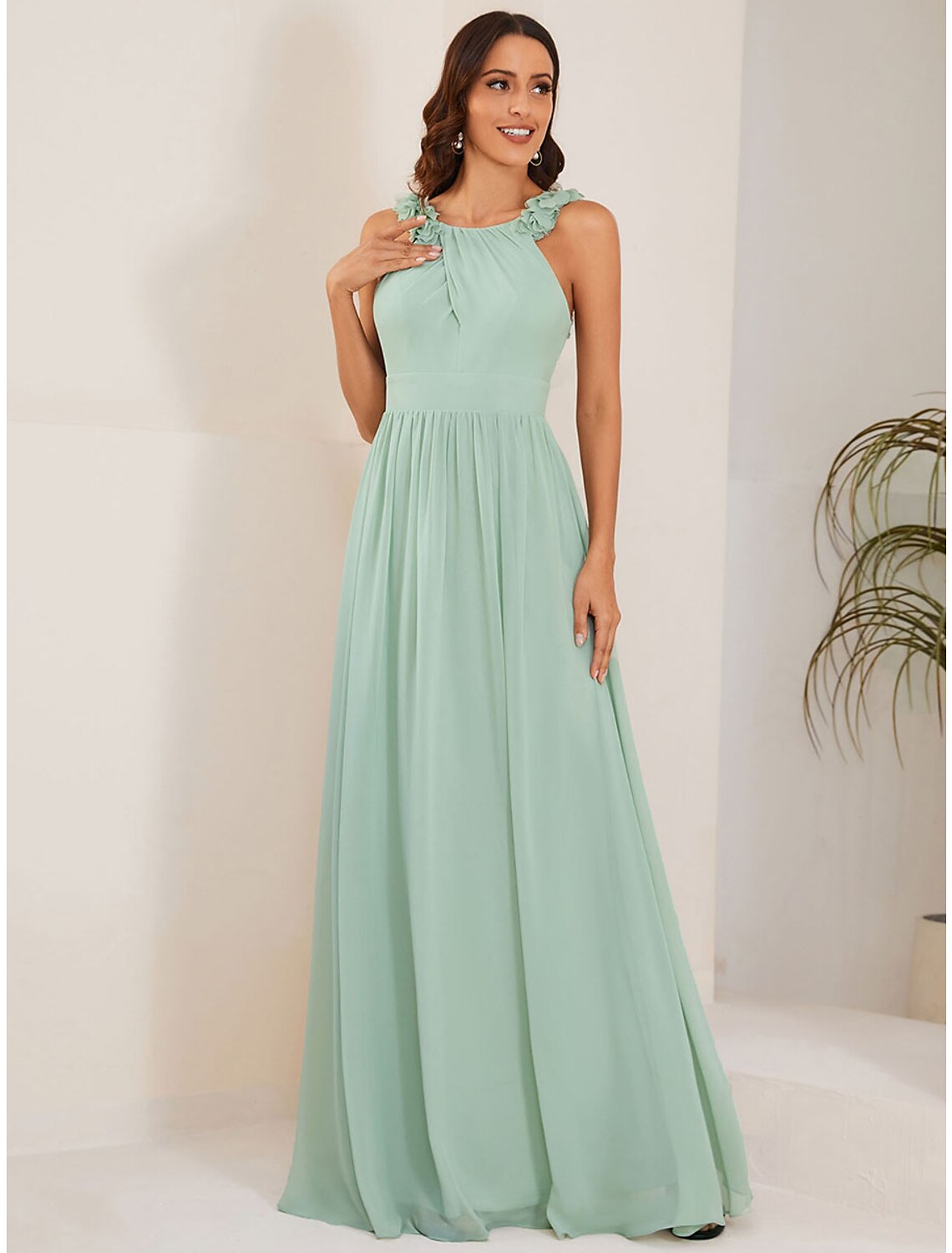 A-Line Wedding Guest Dresses Open Back Dress Formal Black Tie Floor Length Sleeveless Jewel Neck Bridesmaid Dress Chiffon with Pleats Shouder Flower by YiHuiw