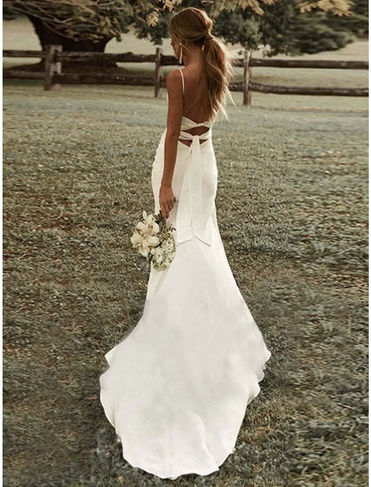 Beach Sexy Casual Wedding Dresses Sheath / Column Square Camisole Spaghetti Strap Sweep / Brush Train  Fabric Bridal Gowns With Ruched Split Front