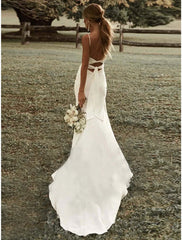 Beach Sexy Casual Wedding Dresses Sheath / Column Square Camisole Spaghetti Strap Sweep / Brush Train  Fabric Bridal Gowns With Ruched Split Front