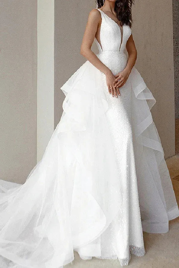 Mermaid V-Neck Sleeveless Floor-Length Wedding Dress - Yihuiw by Yihuiw