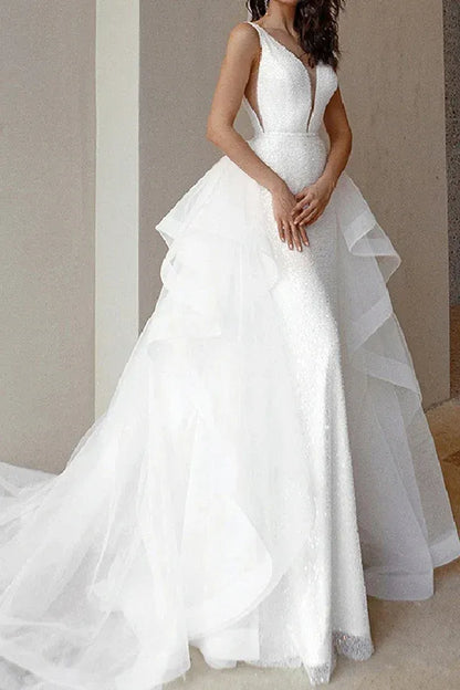 Mermaid V-Neck Sleeveless Floor-Length Wedding Dress - Yihuiw by Yihuiw