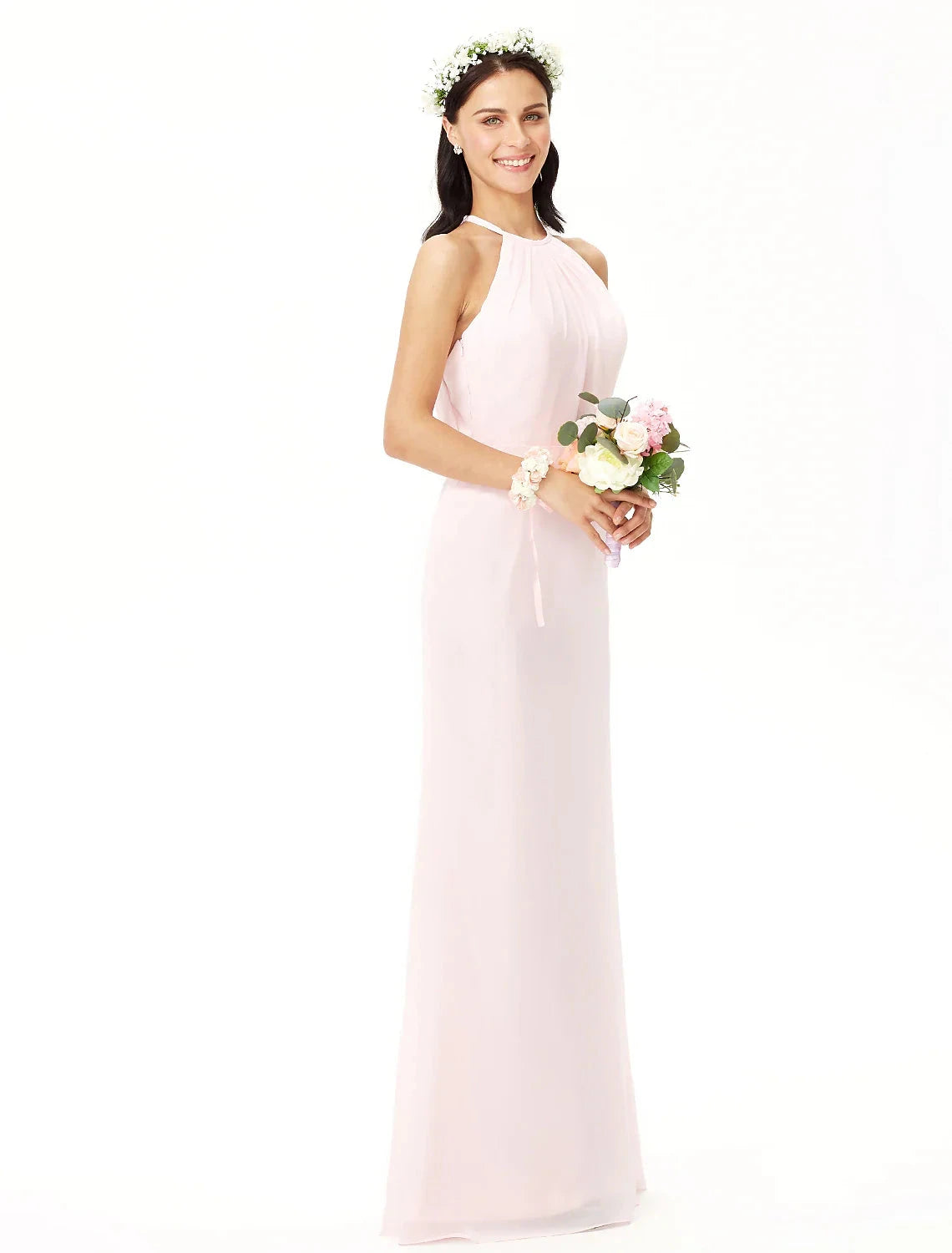 Sheath / Column Bridesmaid Dress Jewel Neck Sleeveless Elegant Floor Length Chiffon with Pleats by YiHuiw