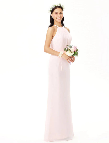 Sheath / Column Bridesmaid Dress Jewel Neck Sleeveless Elegant Floor Length Chiffon with Pleats by YiHuiw