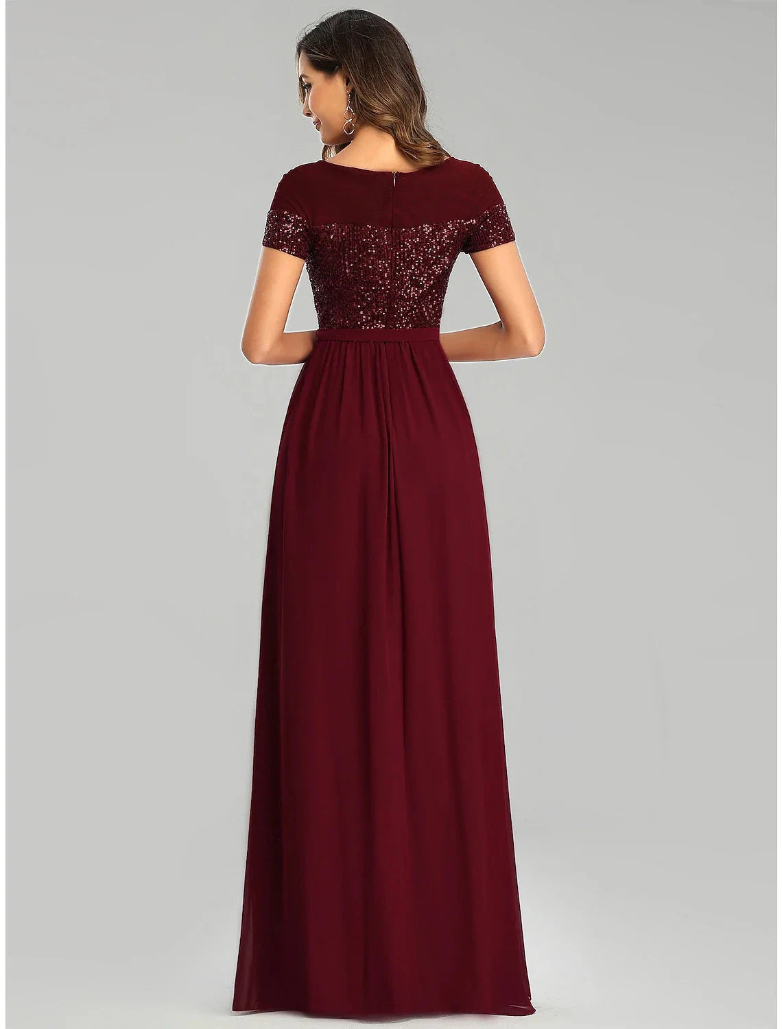 A-Line Bridesmaid Dress Jewel Neck Short Sleeve Elegant Floor Length Chiffon with Sash / Ribbon / Sequin / Sparkle & Shine by YiHuiw