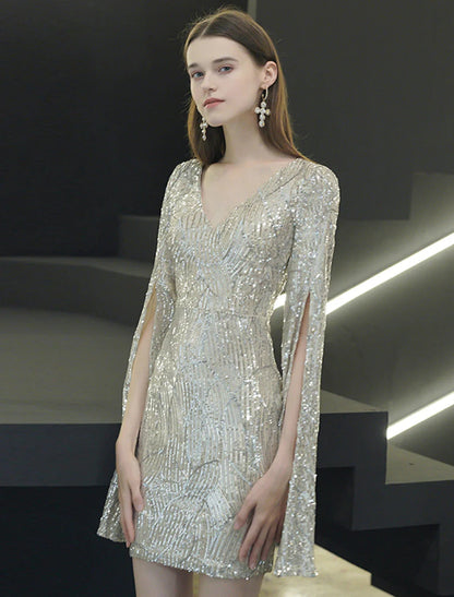 Sheath / Column Sparkle Elegant Homecoming Cocktail Party Dress V Neck Long Sleeve Short / Mini Sequined with Sequin Slit by YiHuiw