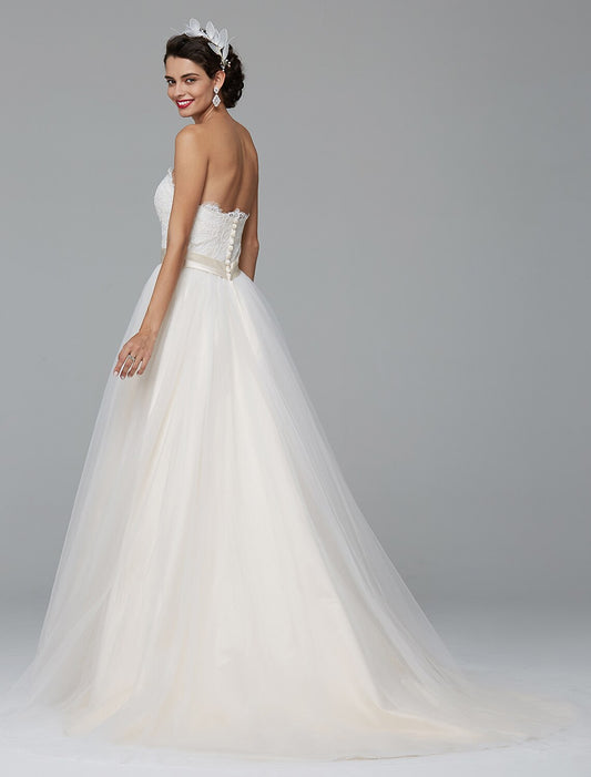 A-Line Wedding Dresses Sweetheart Neckline Court Train Lace Tulle Sleeveless Wedding Dress in Color with Sash / Ribbon Buttons by YiHuiw