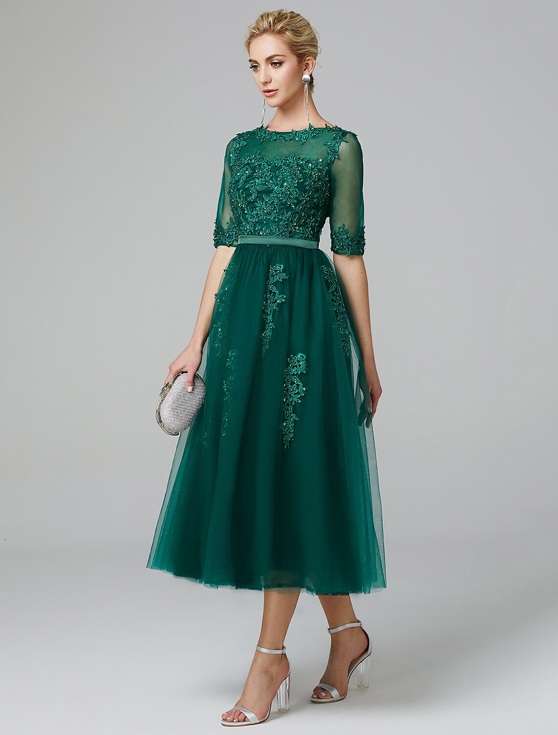 A-Line Sparkle Dress Formal Evening Kentucky Derby Tea Length Sleeveless Illusion Neck Fall Wedding Guest Lace Over Tulle with Sequin Appliques by YiHuiw