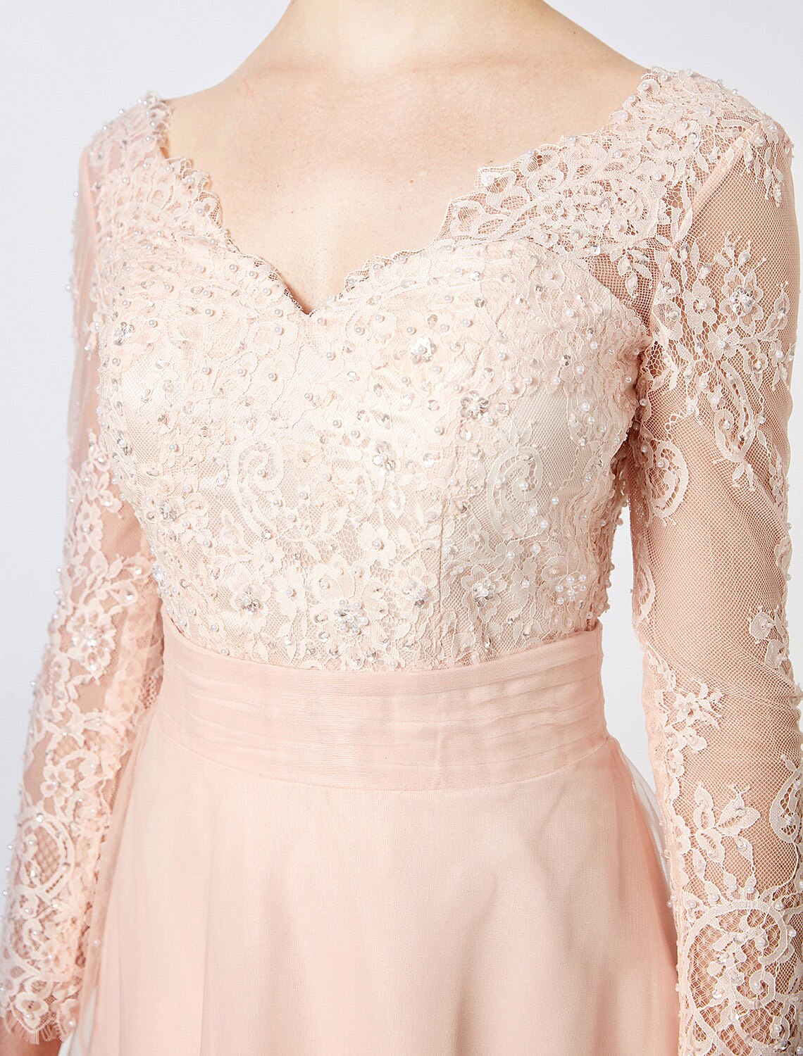 Ball Gown Pastel Colors Dress Holiday Cocktail Party Floor Length Long Sleeve V Neck Tulle Low Back with Beading Appliques by YiHuiw