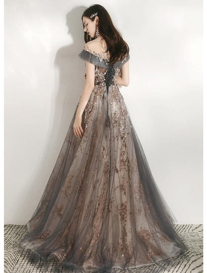 A-Line Bridesmaid Dress Jewel Neck Short Sleeve Beautiful Back Floor Length Tulle with Crystals / Bandage by YiHuiw