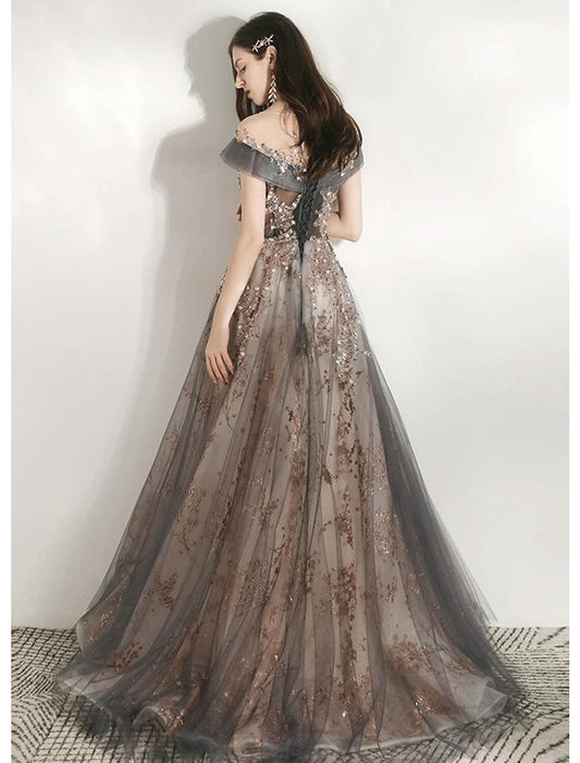 A-Line Bridesmaid Dress Jewel Neck Short Sleeve Beautiful Back Floor Length Tulle with Crystals / Bandage by YiHuiw