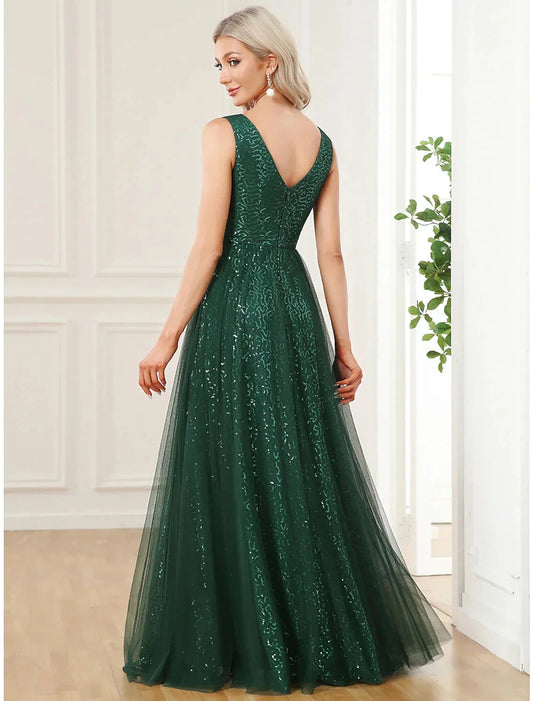 A-Line Prom Dresses Elegant Dress Party Wear Floor Length Sleeveless V Neck Sequined V Back with Sequin by YiHuiw