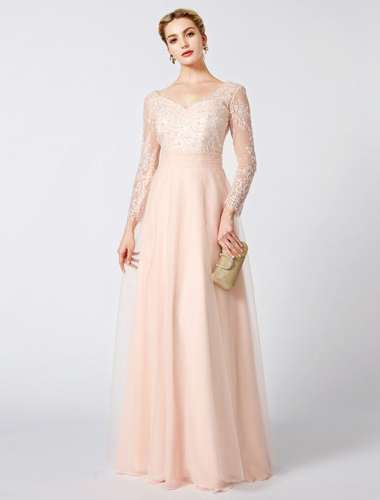Ball Gown Pastel Colors Dress Holiday Cocktail Party Floor Length Long Sleeve V Neck Tulle Low Back with Beading Appliques by YiHuiw