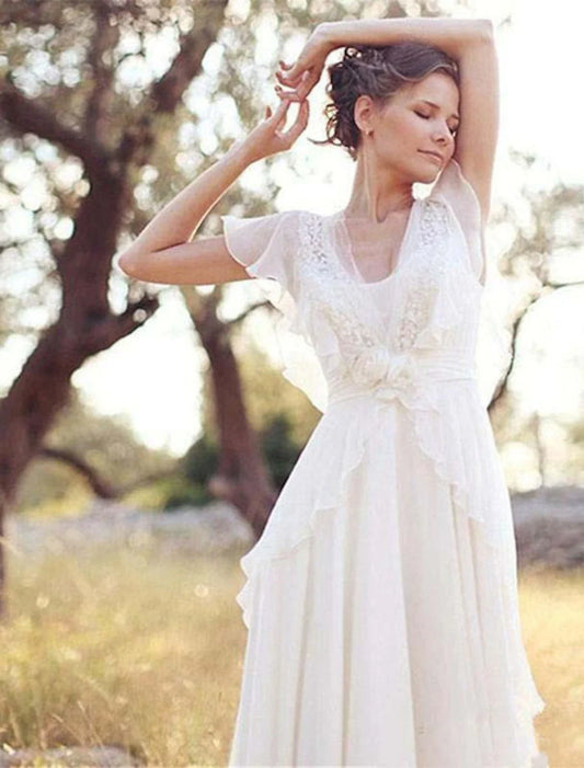 Beach Boho Wedding Dresses A-Line V Neck Short Sleeve Floor Length Chiffon Bridal Gowns With Beading Appliques  Summer Wedding Party