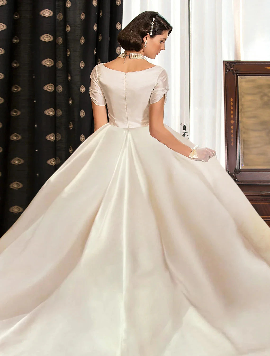 Engagement Formal Fall Wedding Dresses Ball Gown V Neck Short Sleeve Court Train Satin Bridal Gowns With Ruched Solid Color Summer Wedding Party, Women‘s Clothing by YiHuiw