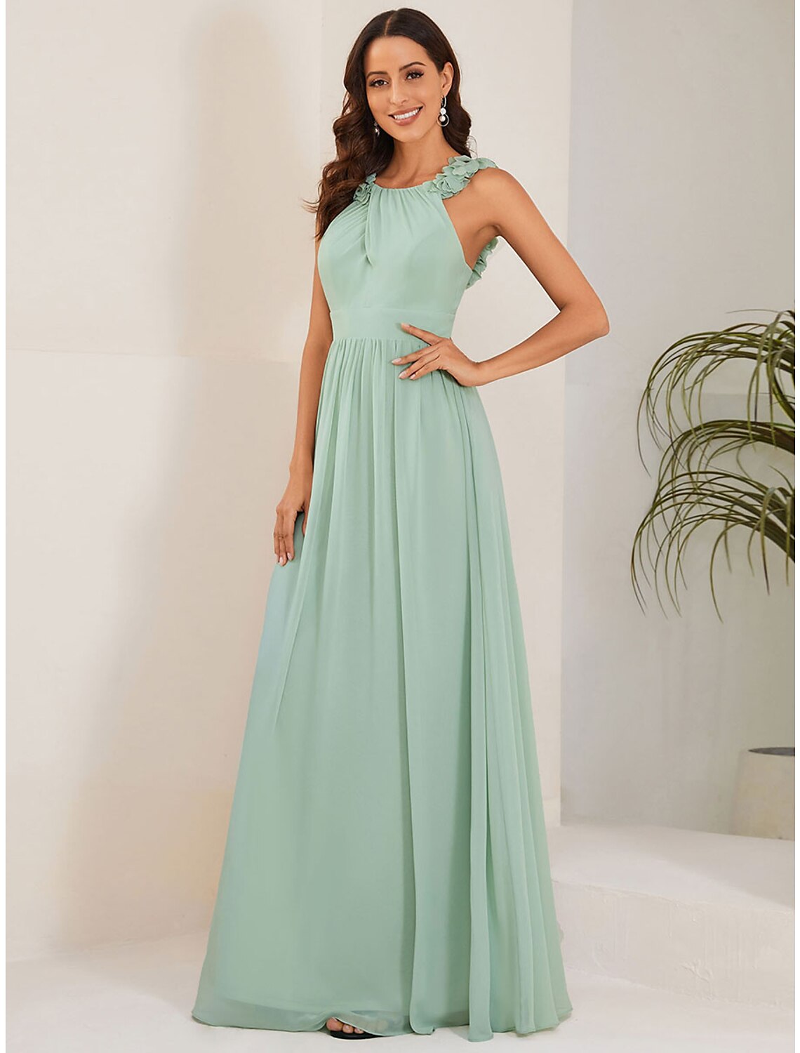 A-Line Wedding Guest Dresses Open Back Dress Formal Black Tie Floor Length Sleeveless Jewel Neck Bridesmaid Dress Chiffon with Pleats Shouder Flower by YiHuiw