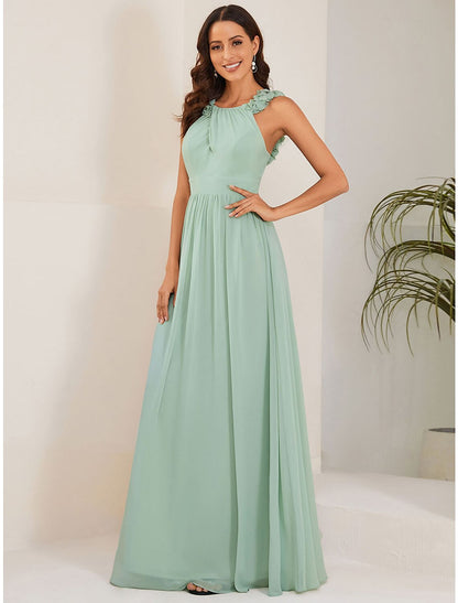 A-Line Wedding Guest Dresses Open Back Dress Formal Black Tie Floor Length Sleeveless Jewel Neck Bridesmaid Dress Chiffon with Pleats Shouder Flower by YiHuiw