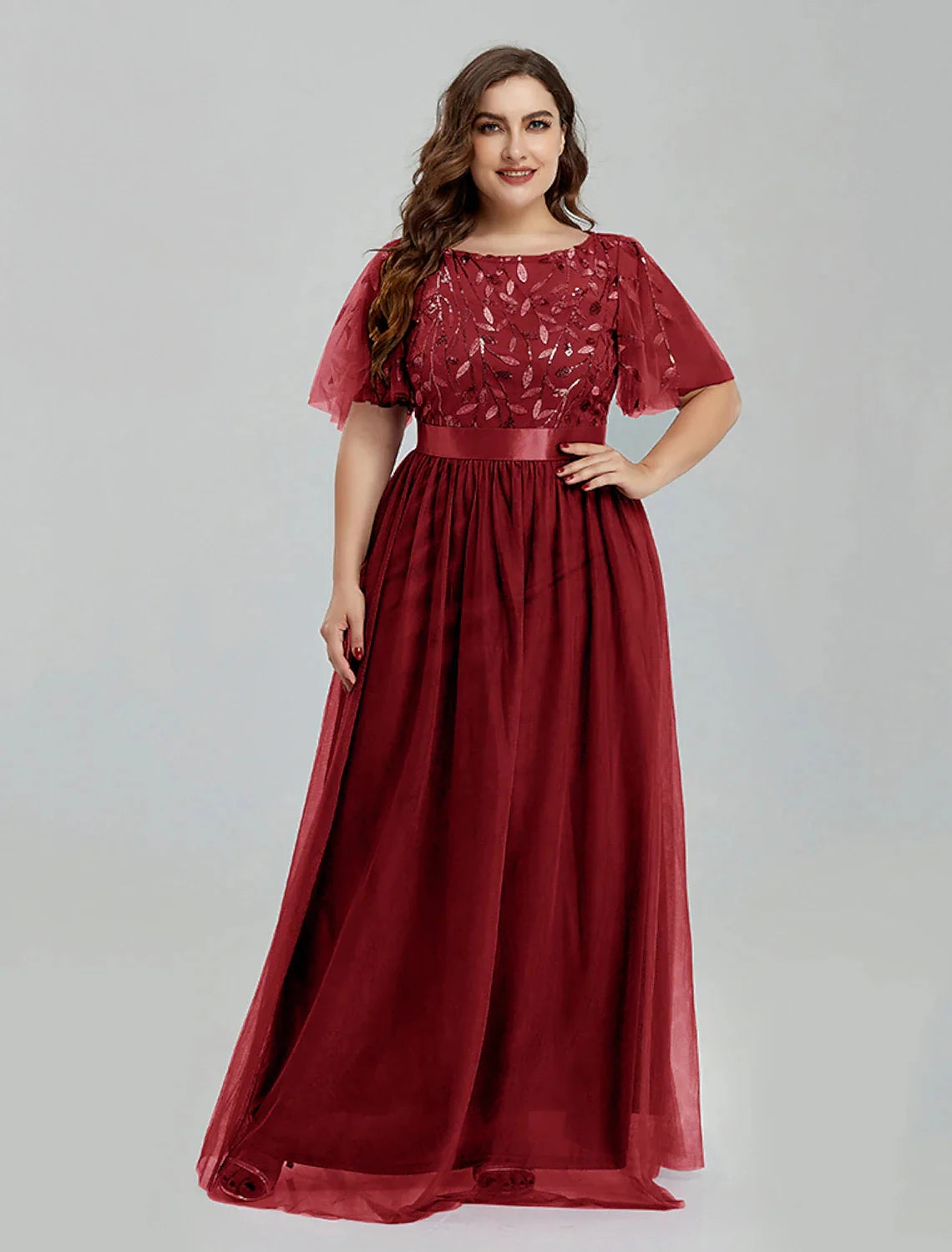 A-Line Prom Dresses Floral Dress Party Wear Quinceanera Floor Length Short Sleeve Jewel Neck Bridesmaid Dress Tulle with Embroidery Splicing by YiHuiw