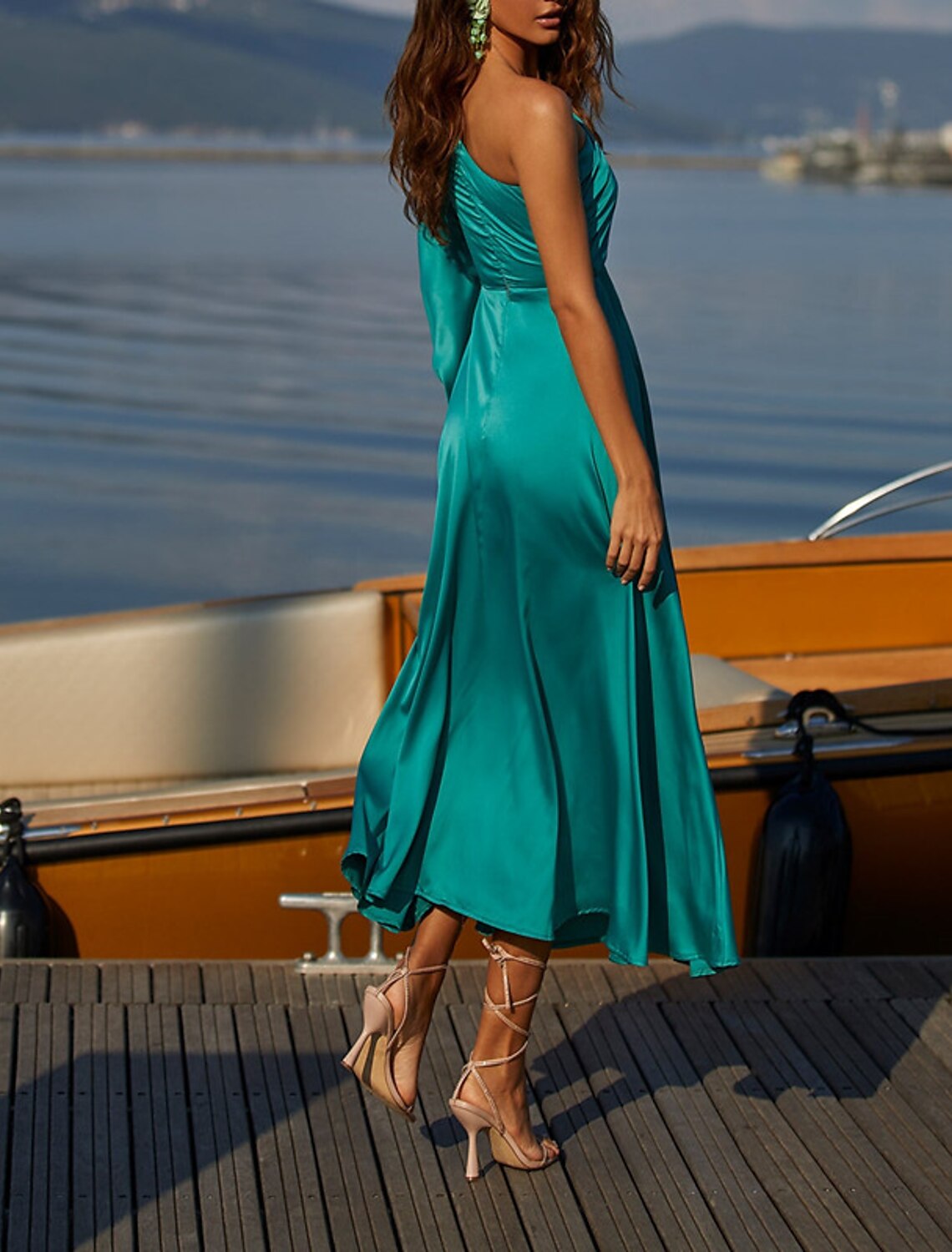 A-Line Cocktail Dresses Cut Out Dress Party Wear Wedding Guest Tea Length Long Sleeve One Shoulder Charmeuse with Ruched by YiHuiw
