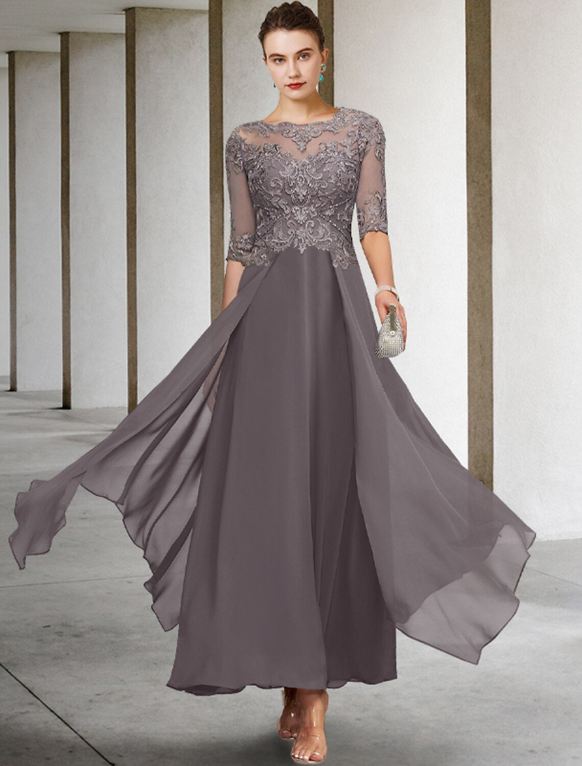 A-Line Mother of the Bride Dress Formal Wedding Guest Elegant Scoop Neck Asymmetrical Ankle Length Chiffon Lace Half Sleeve No with Beading Appliques by YiHuiw