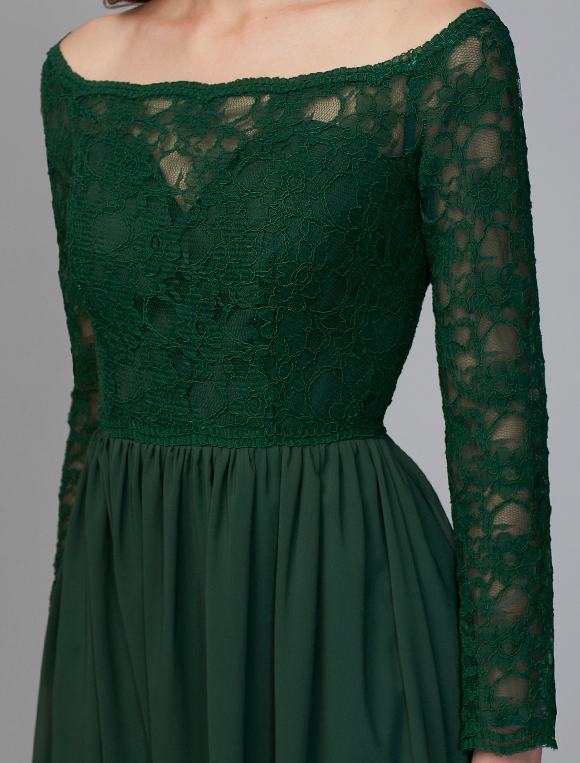 A-Line Bridesmaid Dress Off Shoulder Long Sleeve Elegant Floor Length Chiffon / Lace with Lace by YiHuiw