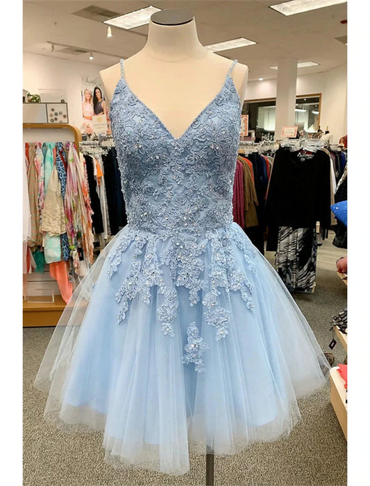 A-Line Homecoming Dresses Floral Dress Party Wear Cocktail Party Short / Mini Sleeveless Spaghetti Strap Tulle with Appliques by YiHuiw