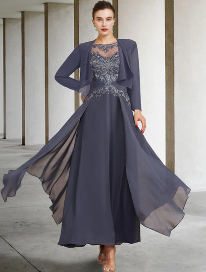 Two Piece A-Line Plus Size Curve Mother of the Bride Dress Wedding Guest Elegant Jewel Neck Ankle Length Chiffon Lace Short Sleeve Fall Wrap Included with Ruched Appliques by YiHuiw