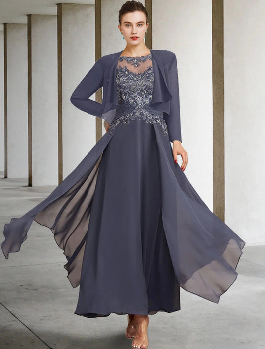 Two Piece A-Line Plus Size Curve Mother of the Bride Dress Wedding Guest Elegant Jewel Neck Ankle Length Chiffon Lace Short Sleeve Fall Wrap Included with Ruched Appliques by YiHuiw