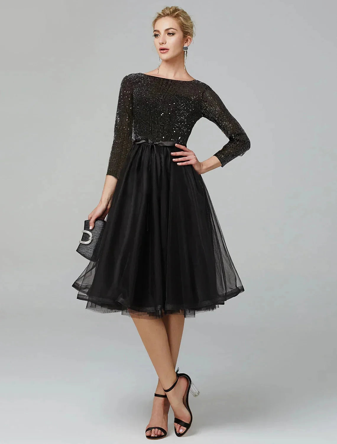 A-Line Cocktail Dresses Sparkle & Shine Dress Formal Tea Length 3/4 Length Sleeve Jewel Neck Fall Wedding Guest Tulle with Sequin Strappy by YiHuiw