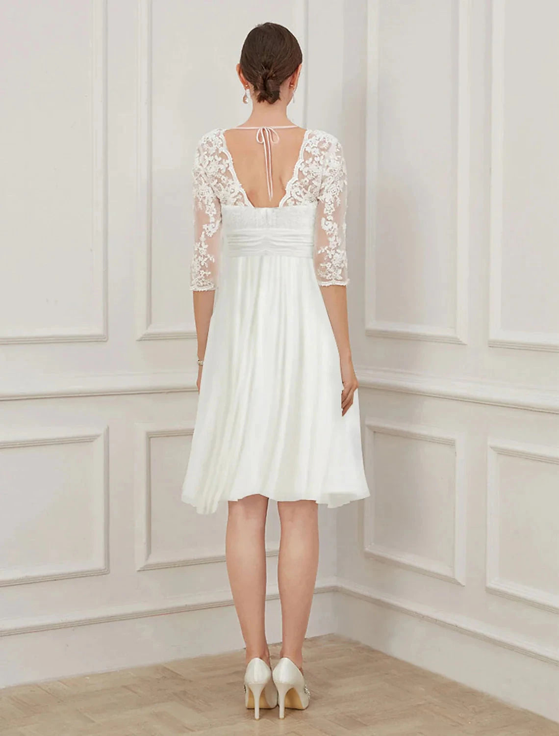 Reception Little White Dresses Fall Wedding Dresses A-Line V Neck Half Sleeve Knee Length Chiffon Bridal Gowns With Draping Appliques Summer Wedding Party Women‘s Clothing by YiHuiw