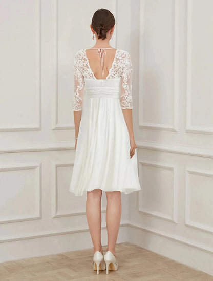 Reception Little White Dresses Fall Wedding Dresses A-Line V Neck Half Sleeve Knee Length Chiffon Bridal Gowns With Draping Appliques Summer Wedding Party Women‘s Clothing by YiHuiw