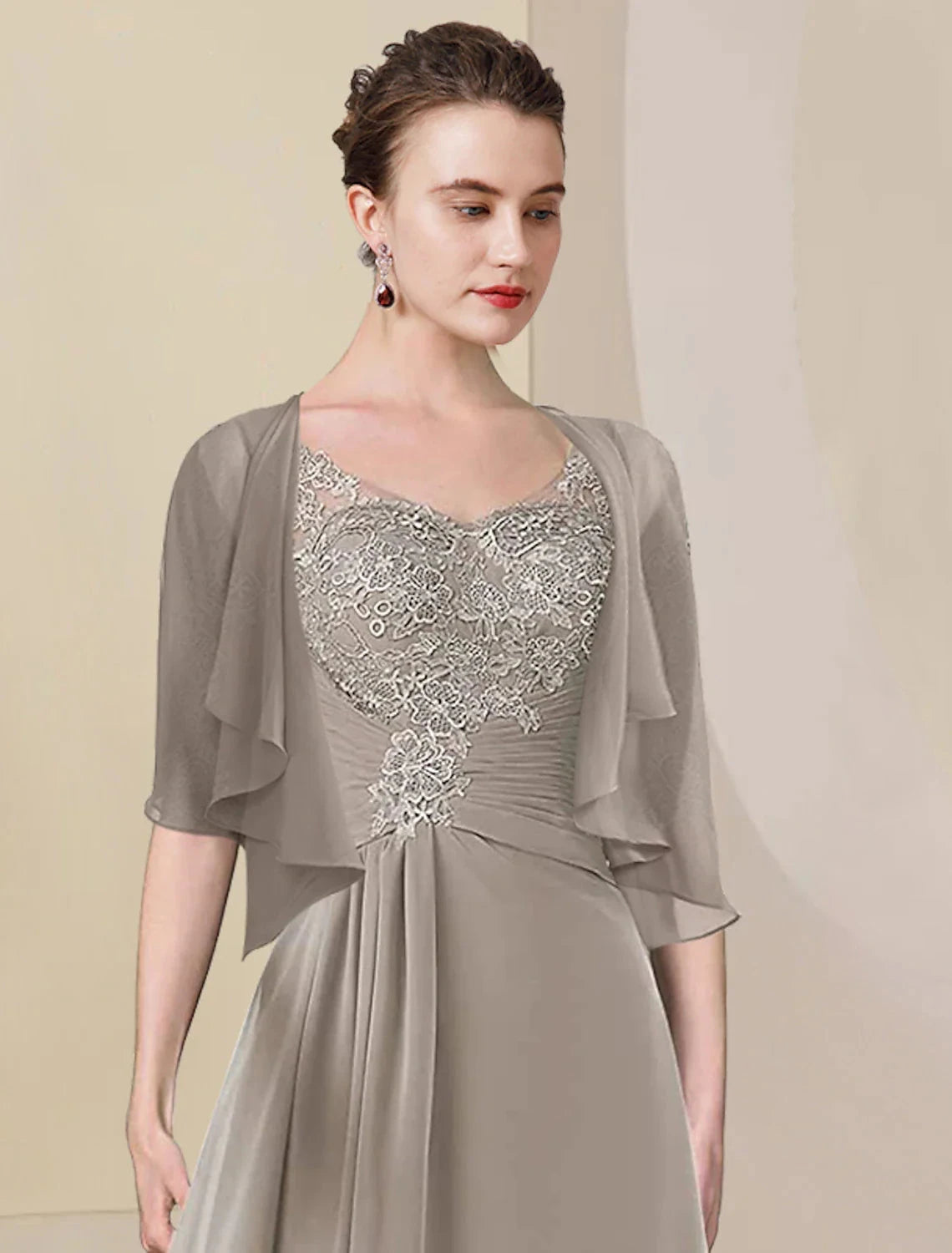 Two Piece A-Line Mother of the Bride Dress Formal Wedding Guest Elegant High Low V Neck Asymmetrical Tea Length Chiffon Lace Half Sleeve Wrap Included with Ruched Appliques by YiHuiw