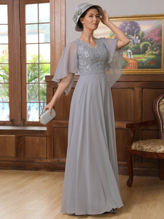 A-Line/Princess Chiffon Applique V-neck 1/2 Sleeves Floor-Length Mother of the Bride Dresses by YiHuiw