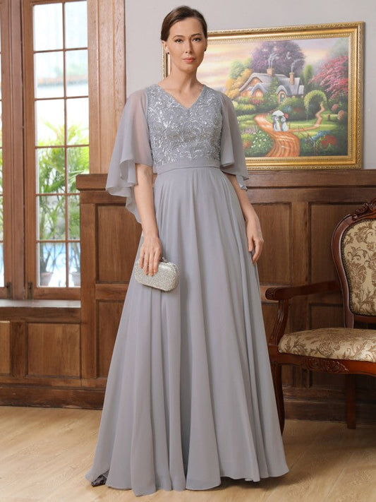 A-Line/Princess Chiffon Applique V-neck 1/2 Sleeves Floor-Length Mother of the Bride Dresses by YiHuiw