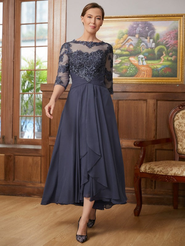 A-Line/Princess Chiffon Applique Scoop 3/4 Sleeves Asymmetrical Mother of the Bride Dresses by YiHuiw