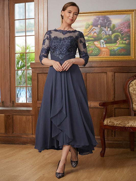A-Line/Princess Chiffon Applique Scoop 3/4 Sleeves Asymmetrical Mother of the Bride Dresses by YiHuiw