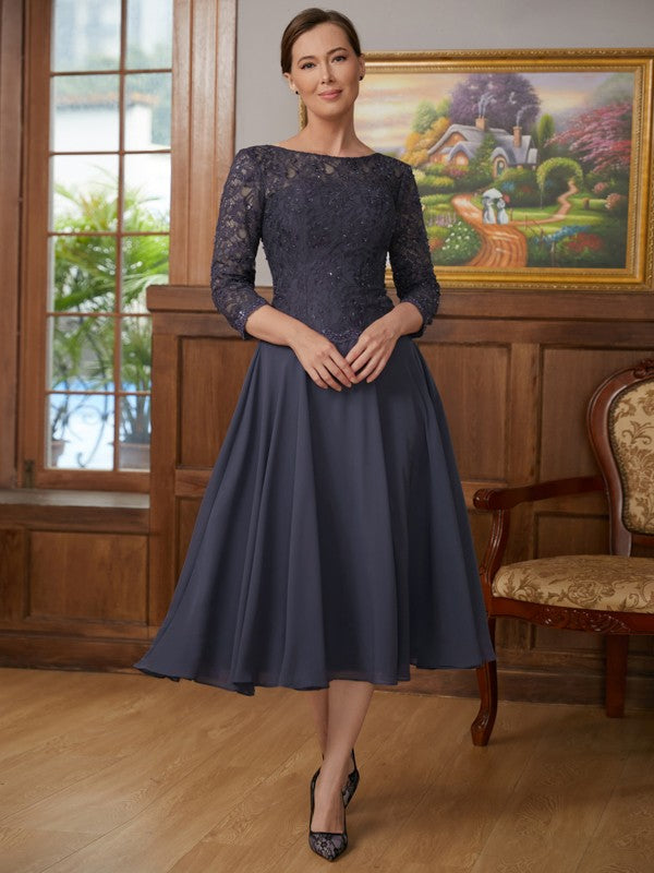 A-Line/Princess Chiffon Lace Scoop 3/4 Sleeves Tea-Length Mother of the Bride Dresses by YiHuiw