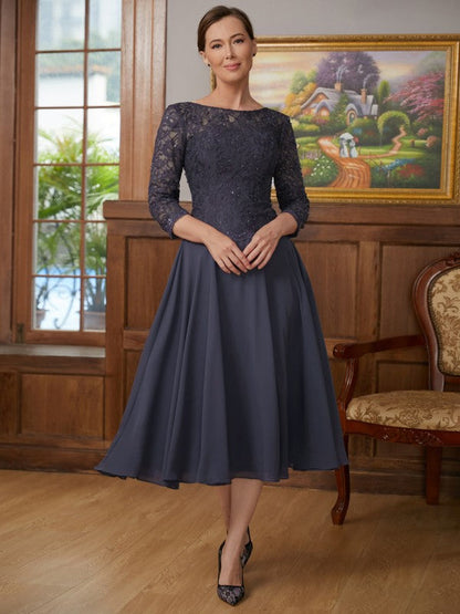 A-Line/Princess Chiffon Lace Scoop 3/4 Sleeves Tea-Length Mother of the Bride Dresses by YiHuiw