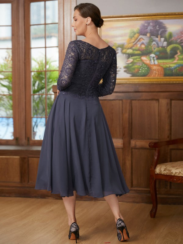 A-Line/Princess Chiffon Lace Scoop 3/4 Sleeves Tea-Length Mother of the Bride Dresses by YiHuiw