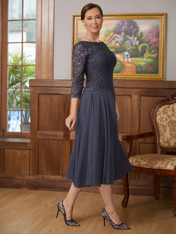 A-Line/Princess Chiffon Lace Scoop 3/4 Sleeves Tea-Length Mother of the Bride Dresses by YiHuiw