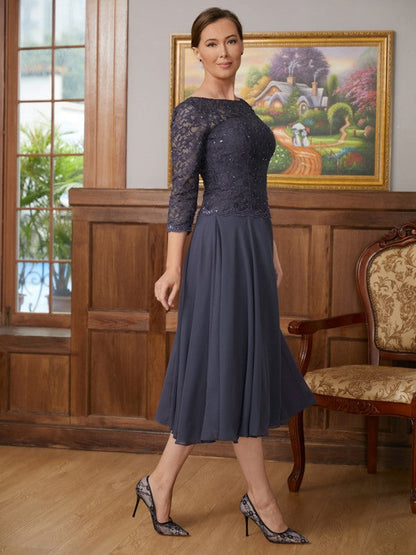 A-Line/Princess Chiffon Lace Scoop 3/4 Sleeves Tea-Length Mother of the Bride Dresses by YiHuiw