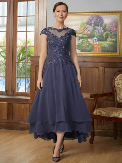 A-Line/Princess Chiffon Applique Scoop Short Sleeves Asymmetrical Mother of the Bride Dresses by YiHuiw