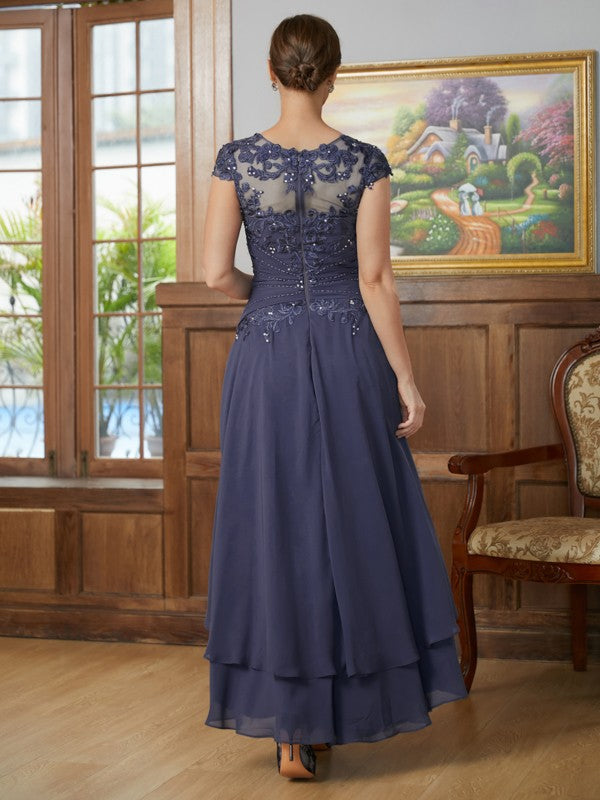 A-Line/Princess Chiffon Applique Scoop Short Sleeves Asymmetrical Mother of the Bride Dresses by YiHuiw