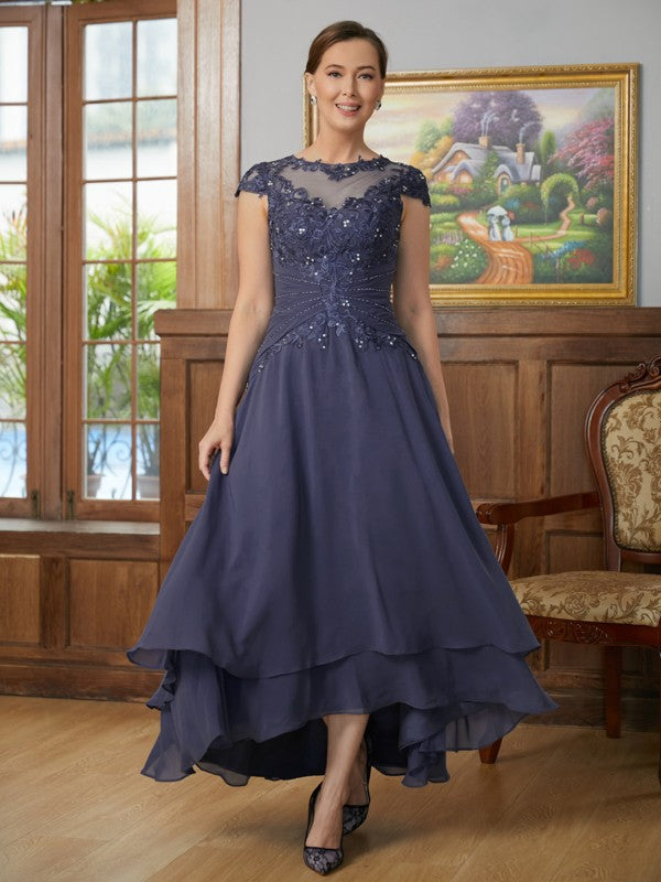A-Line/Princess Chiffon Applique Scoop Short Sleeves Asymmetrical Mother of the Bride Dresses by YiHuiw