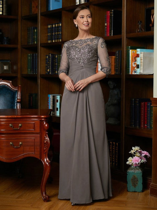 A-Line/Princess Chiffon Applique Scoop 3/4 Sleeves Floor-Length Mother of the Bride Dresses by YiHuiw