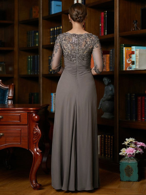 A-Line/Princess Chiffon Applique Scoop 3/4 Sleeves Floor-Length Mother of the Bride Dresses by YiHuiw
